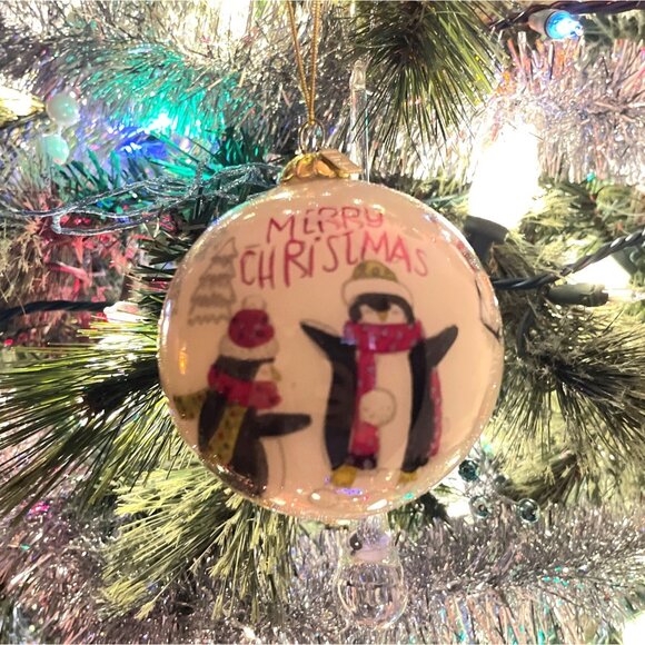 Pier 1 Li Bien 2019 Hand-Painted Glass Ornament with Penguins Snowball Play - Picture 8 of 8
